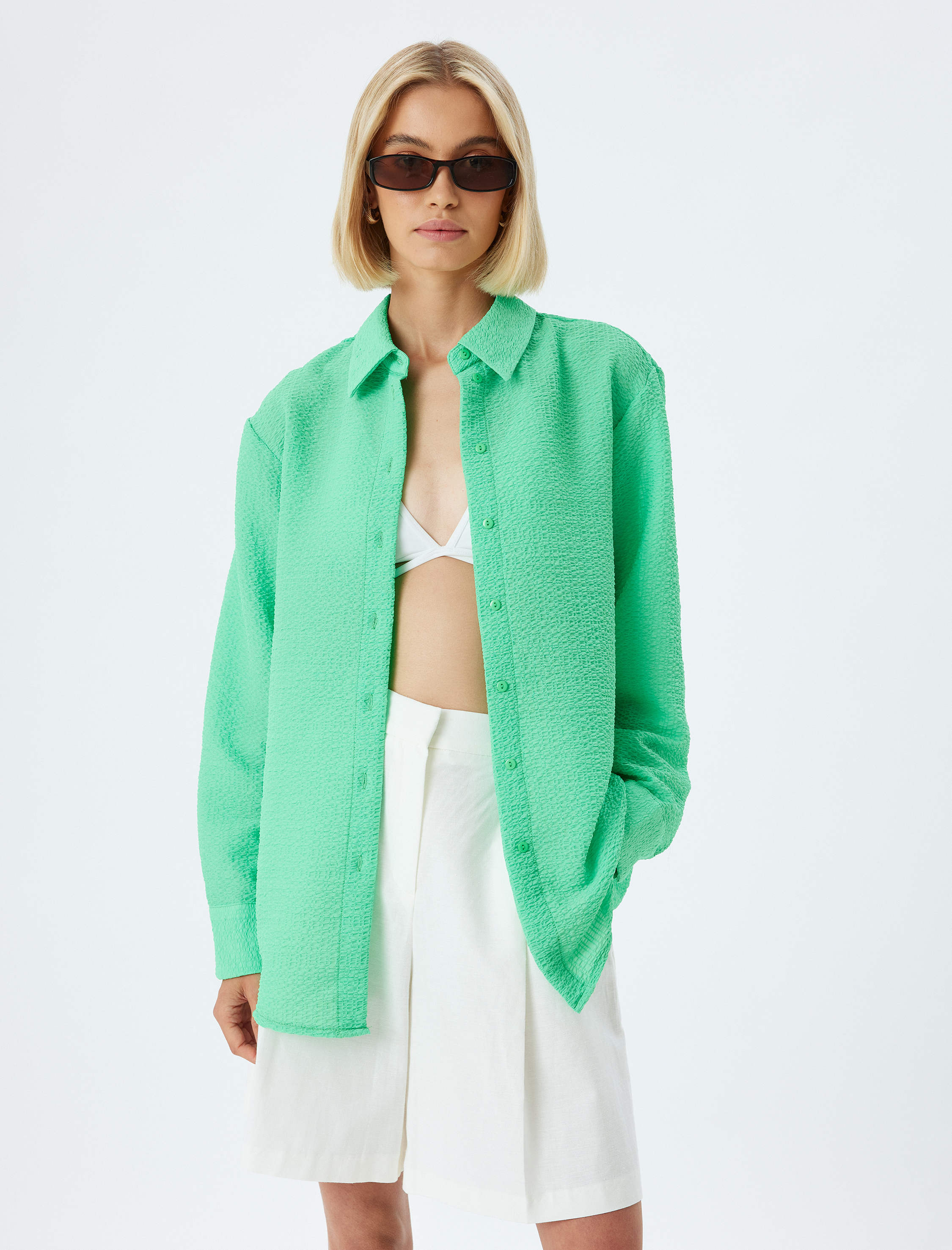   Oversize Gömlek Dokulu Uzun Kollu