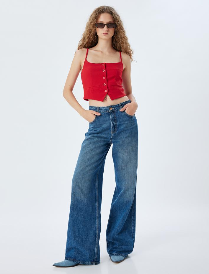  Crop Yelek Düğmeli İp Askılı Kare Yaka Cep Detaylı Slim Fit