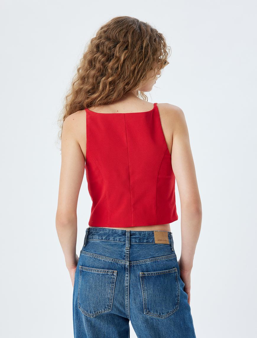   Crop Yelek Düğmeli İp Askılı Kare Yaka Cep Detaylı Slim Fit