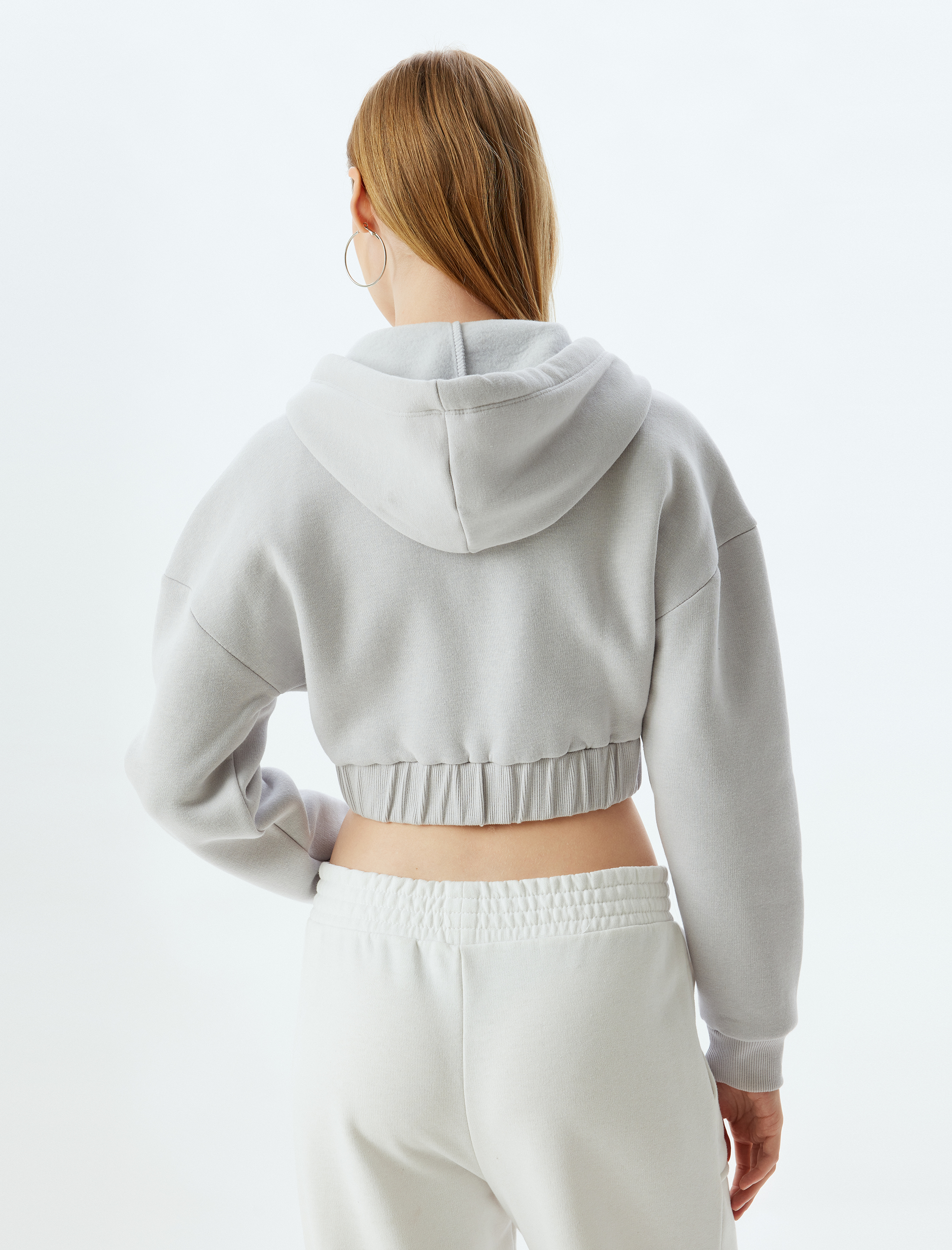   Şardonlu Crop Sweatshirt Fermuarlı Korse Görünümlü Kapüşonlu