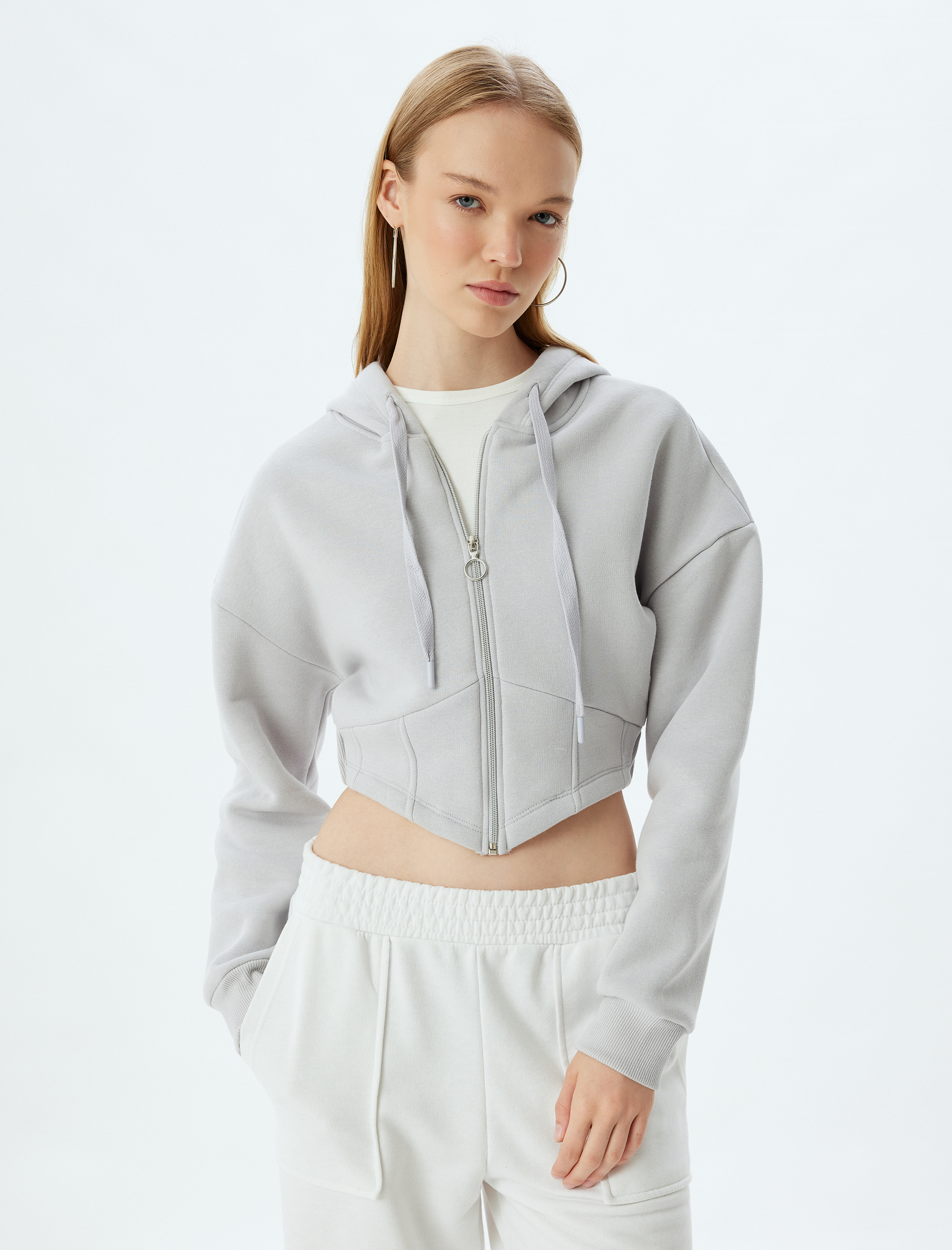   Şardonlu Crop Sweatshirt Fermuarlı Korse Görünümlü Kapüşonlu