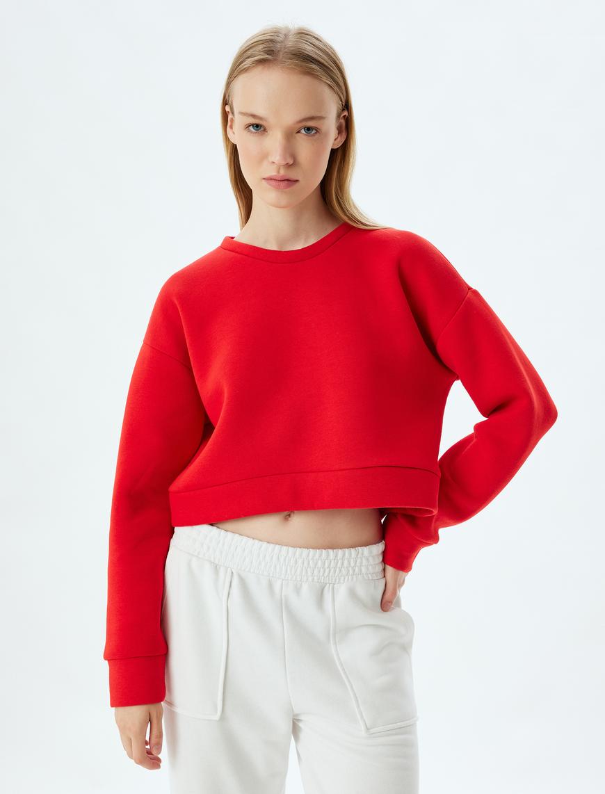   Crop Spor Oversize Sweatshirt Basic Bisiklet Yaka Şardonlu