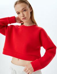 Crop Spor Oversize Sweatshirt Basic Bisiklet Yaka Şardonlu