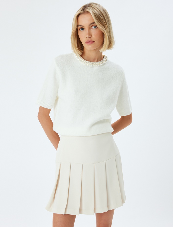  Triko Kısa Kollu Kazak Bisiklet Yaka İnci İşleme Detaylı