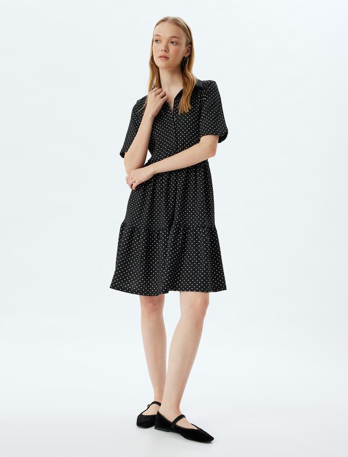  Gömlek Elbise Mini Puantiyeli Düğmeli Bürümcük Volanlı