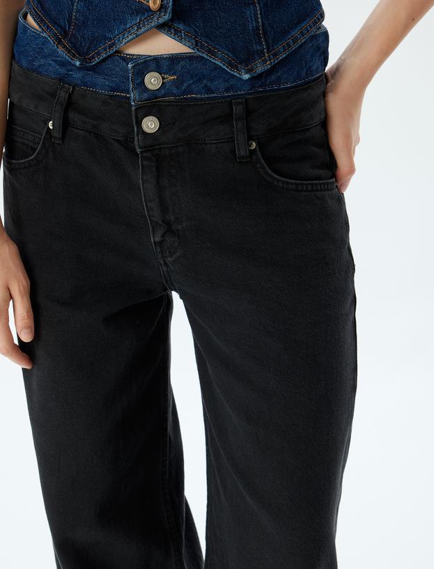 Bol Kot Pantolon Çift Bel Detaylı Düğmeli Yıkamalı - Loose Straight Fit Jean_4