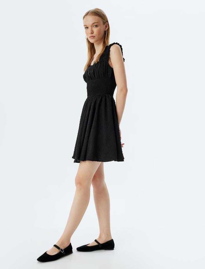  Mini Poplin Elbise Fırfırlı Yaka Gipeli Kolsuz Dokulu