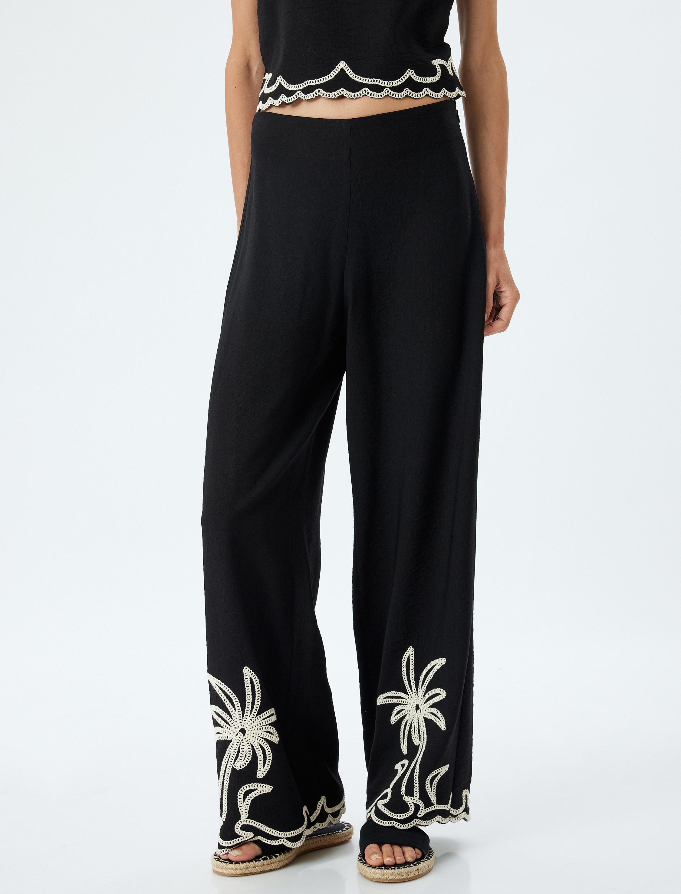   Viskon Bol Paça Pantolon Etnik Desenli Renk Kontrastlı