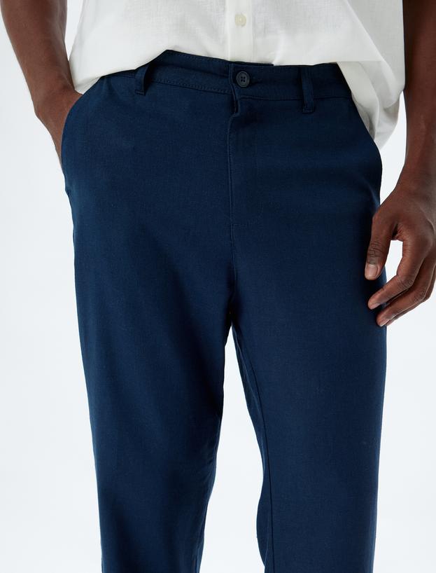 Keten Karışımlı Pantolon Chino Cep Detaylı Düğmeli_4