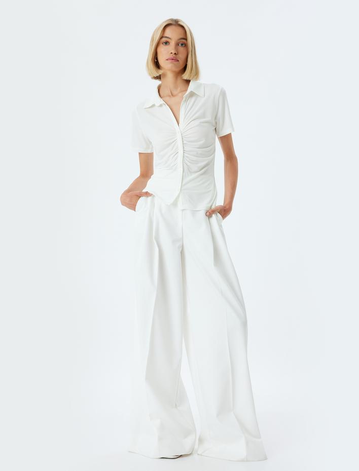  Drapeli Kısa Kollu Bluz Gömlek Yaka Düğmeli