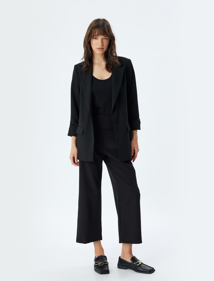  Yüksek Bel Kumaş Pantolon Düz Kısa Paça Yarım Kemer ve Pile Detaylı