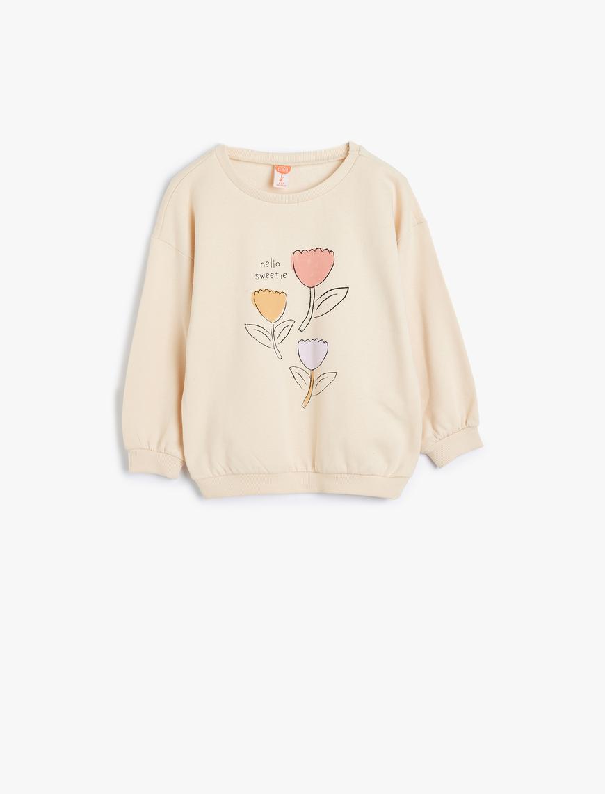  Kız Bebek Sweatshirt Çiçek Baskılı Uzun Kollu Bisiklet Yaka Pamuklu