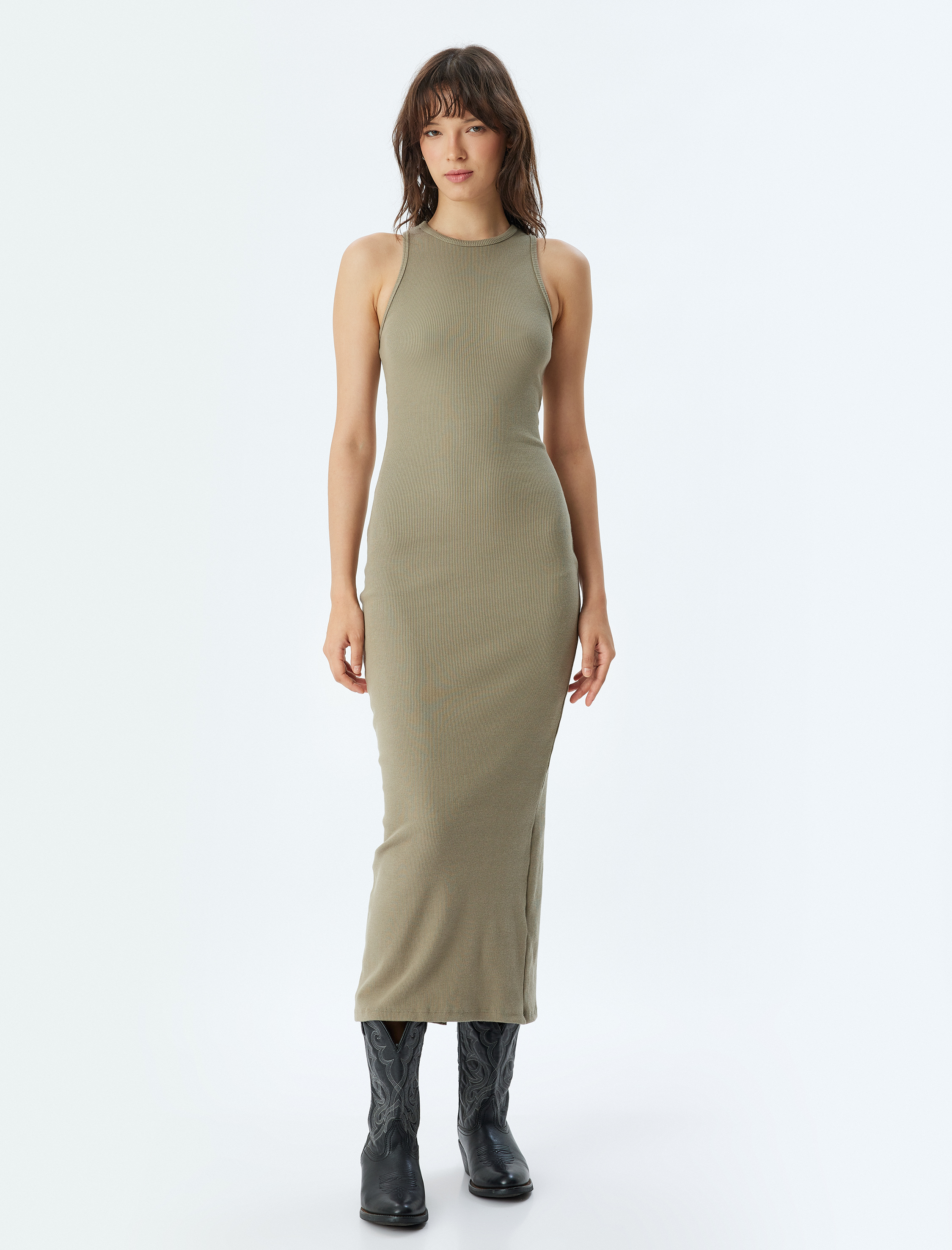   Midi Boy Kolsuz Fitilli Pamuklu Slim Fit Halter Yaka Kalem Elbise