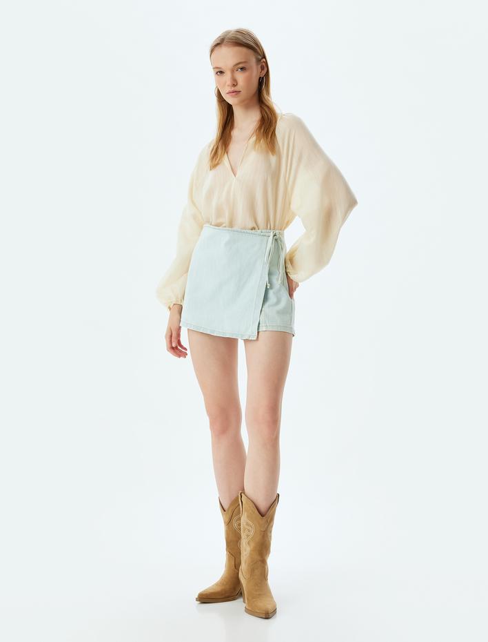  Mini Kot Şort Etek Bağlama Detaylı Rahat Kalıp Pamuklu