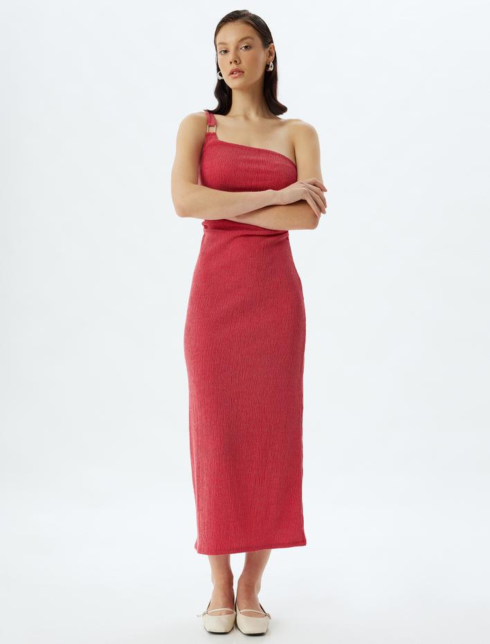  Tek Omuz Kalem Elbise Midi Boy Dokulu Drapeli Slim Fit