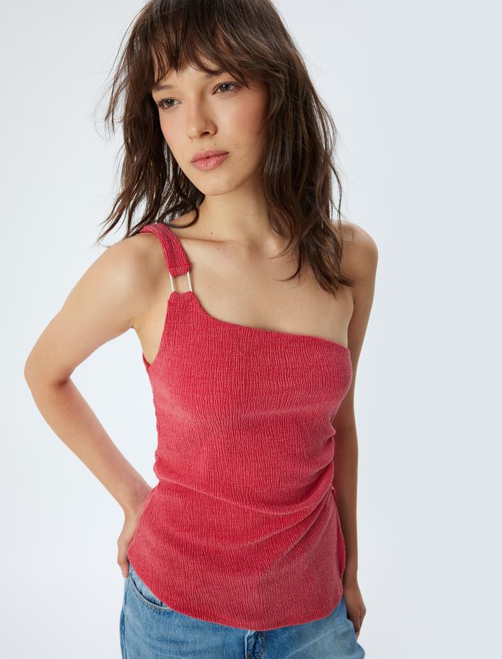  Tek Omuz Tişört Dokulu Uzun Yırtmaç Detaylı Skinny