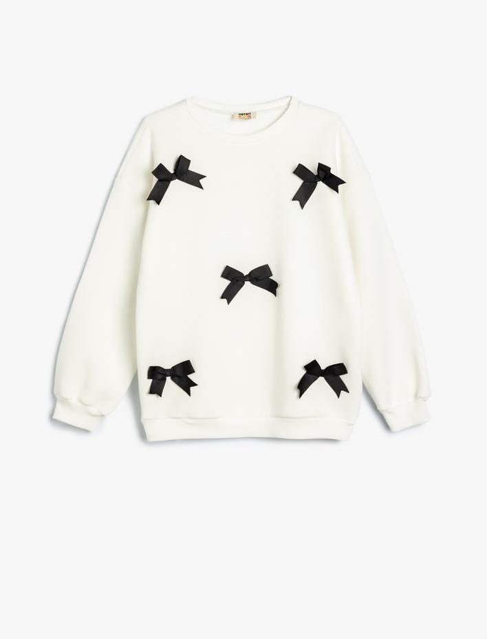 Kız Çocuk Basic Sweat Bisiklet Yaka Uzun Kollu Fiyonk Detaylı Şardonlu