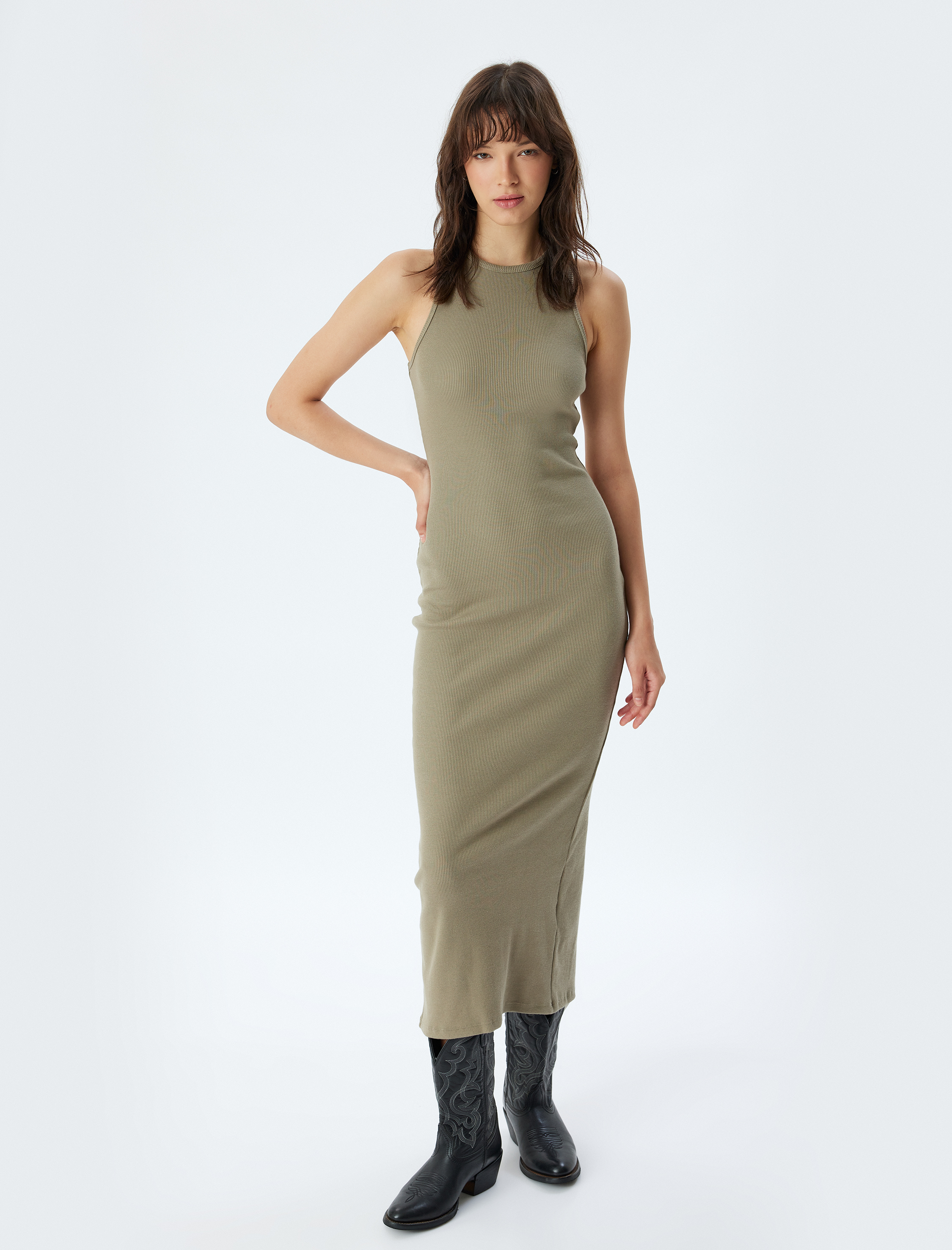   Midi Boy Kolsuz Fitilli Pamuklu Slim Fit Halter Yaka Kalem Elbise