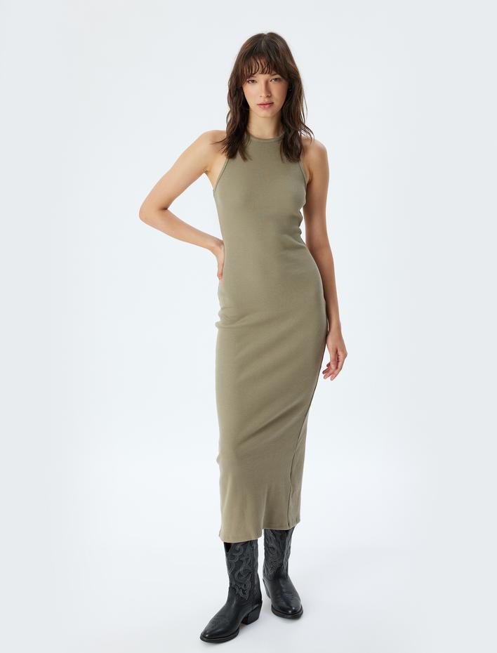  Midi Boy Kolsuz Fitilli Pamuklu Slim Fit Halter Yaka Kalem Elbise