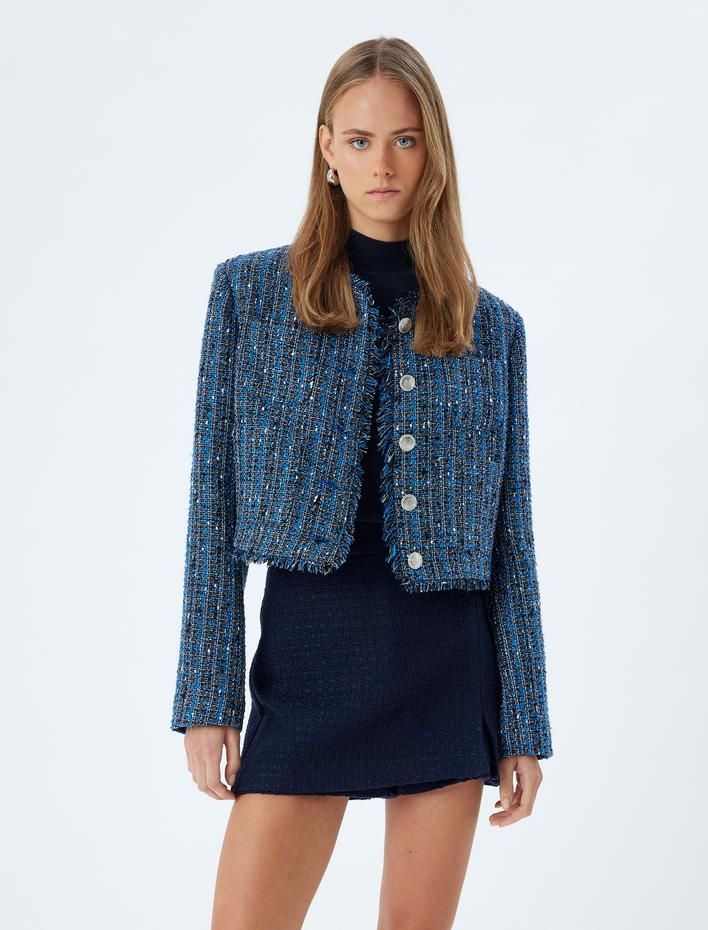  Tüvit Ceket Yuvarlak Yaka Püskül Detaylı Cepli Düğmeli