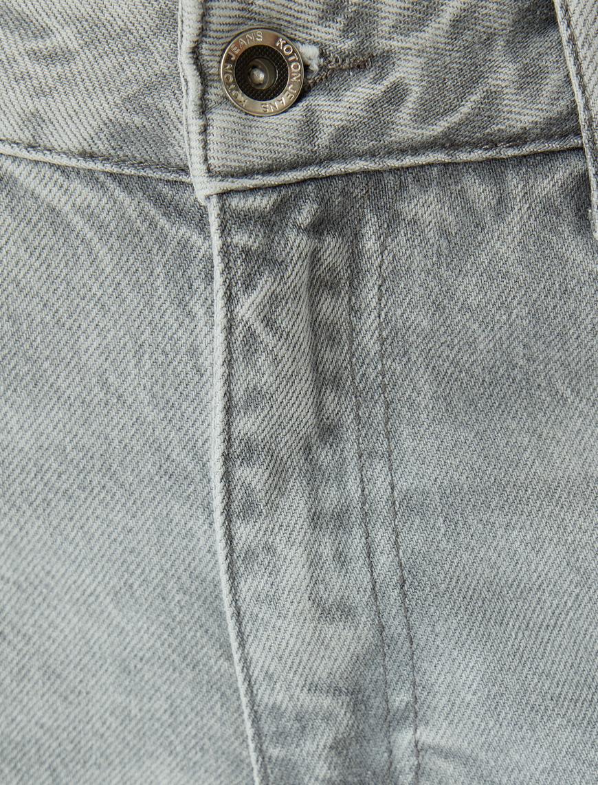   Geniş Paça Kot Pantolon Normal Bel Cep Detaylı Düğmeli - Wide Leg Jean