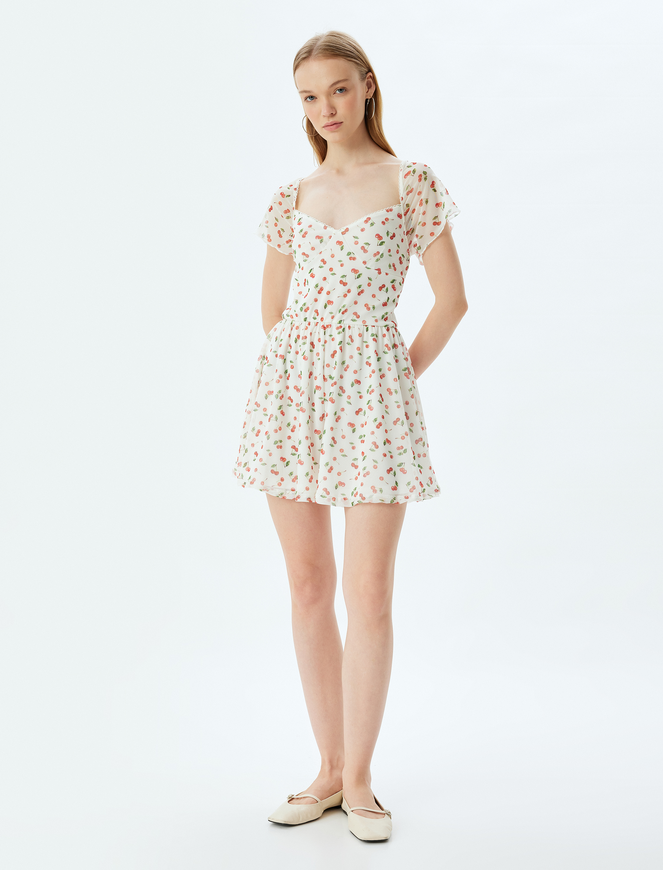   Mini Tül Salopet Tulum Kiraz Baskılı U Yaka Kısa Kollu