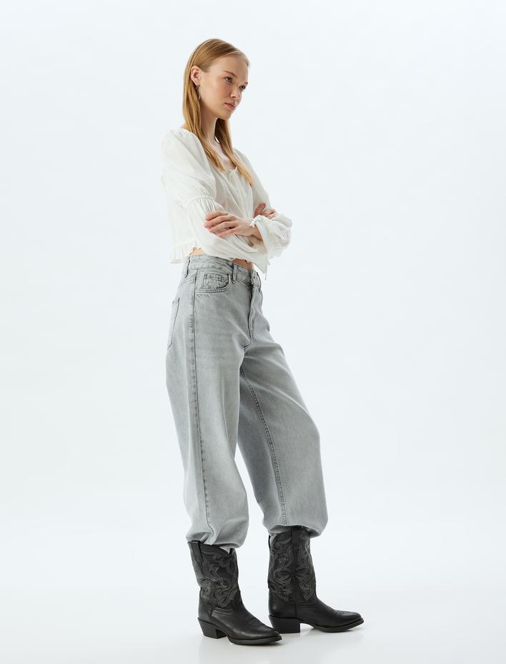  Geniş Paça Kot Pantolon Normal Bel Cep Detaylı Düğmeli - Wide Leg Jean