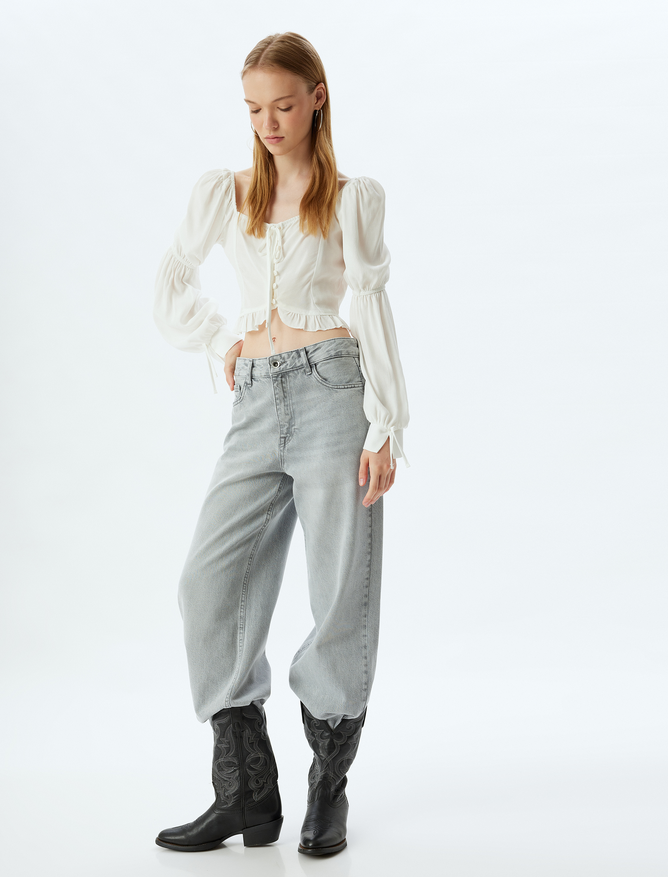   Geniş Paça Kot Pantolon Normal Bel Cep Detaylı Düğmeli - Wide Leg Jean