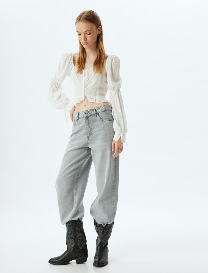  Geniş Paça Kot Pantolon Normal Bel Cep Detaylı Düğmeli - Wide Leg Jean