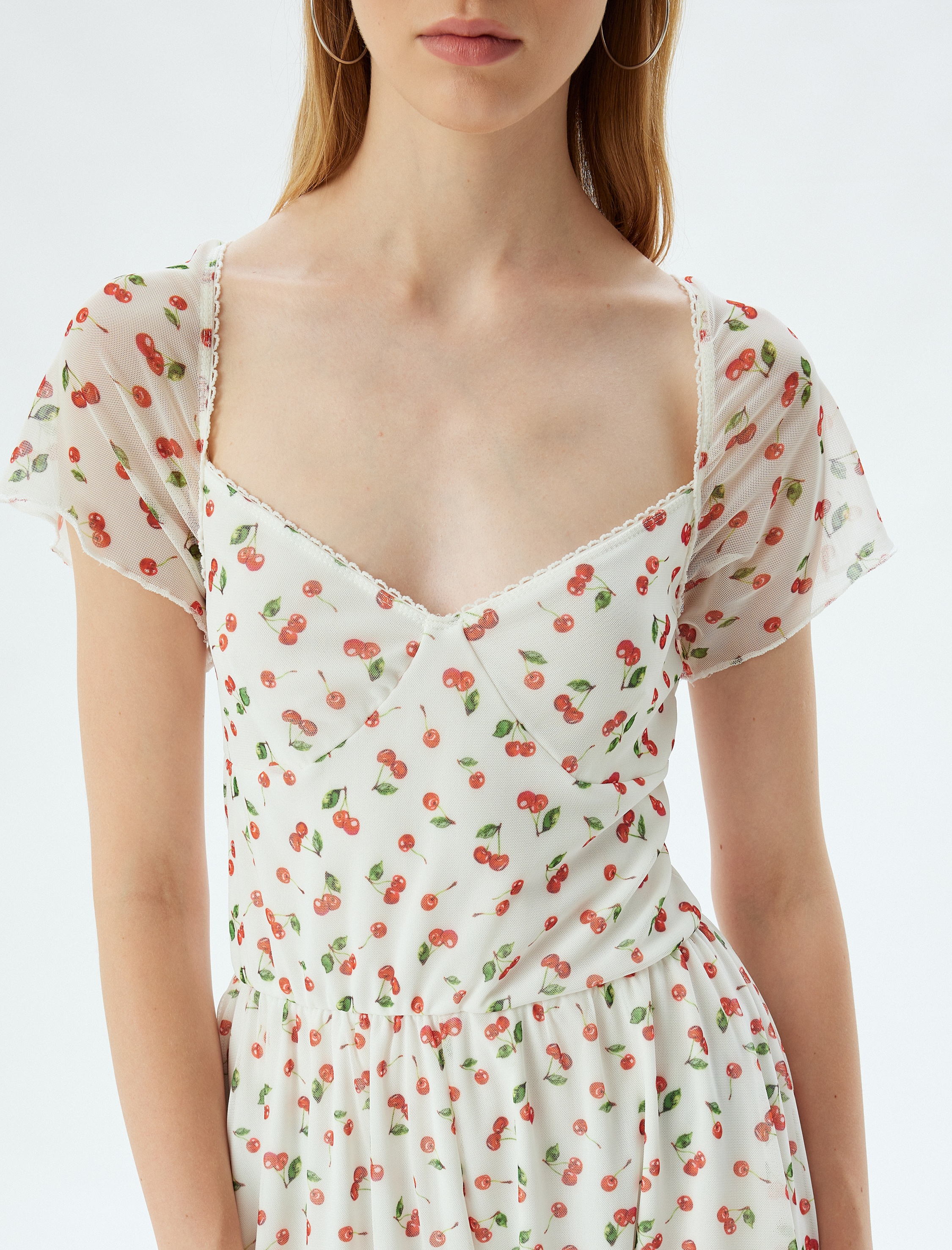   Mini Tül Salopet Tulum Kiraz Baskılı U Yaka Kısa Kollu