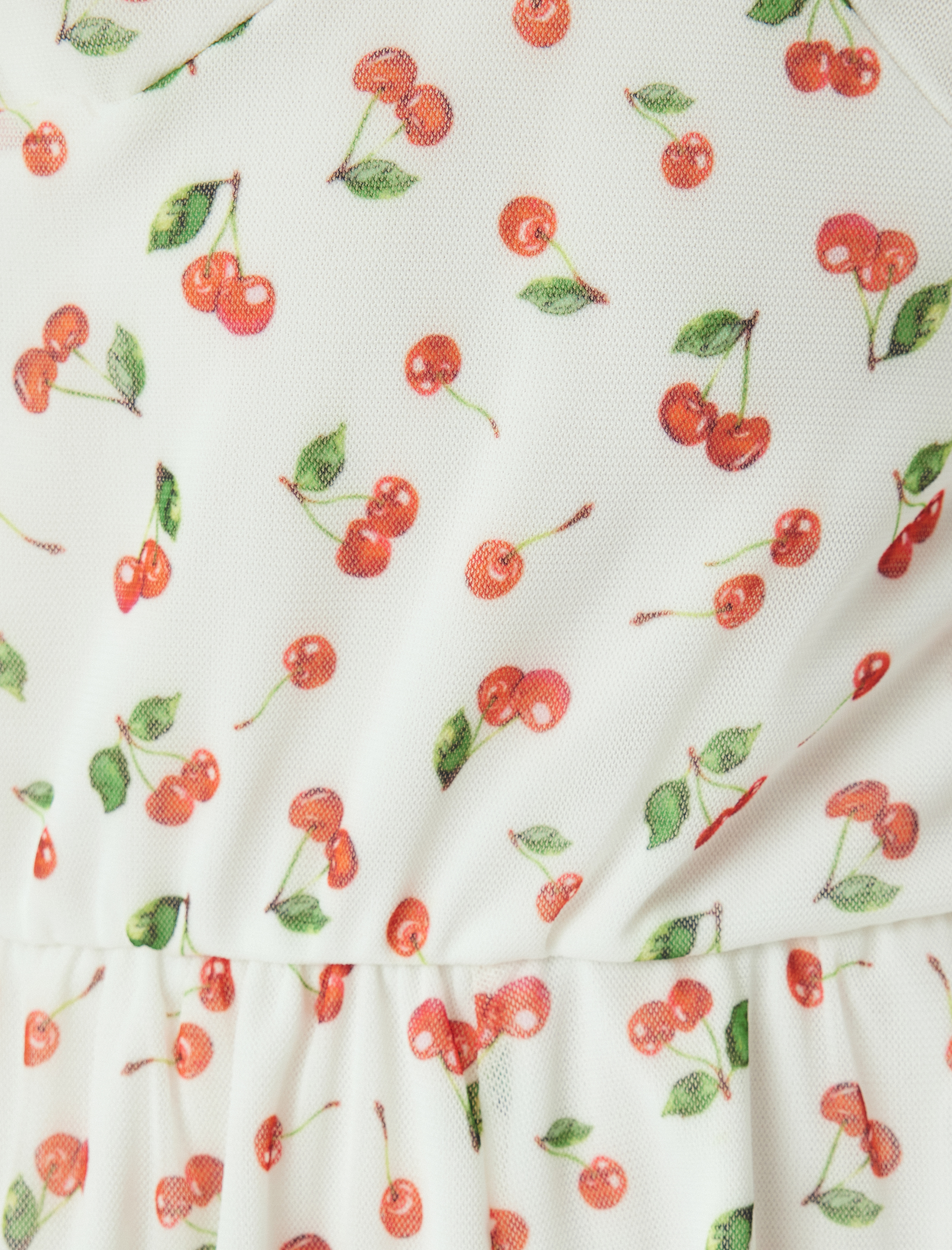   Mini Tül Salopet Tulum Kiraz Baskılı U Yaka Kısa Kollu