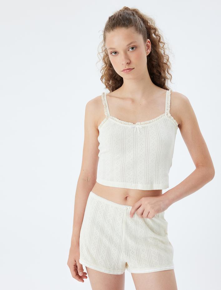  Askılı Crop Pijama Üstü Fırfırlı Pamuklu