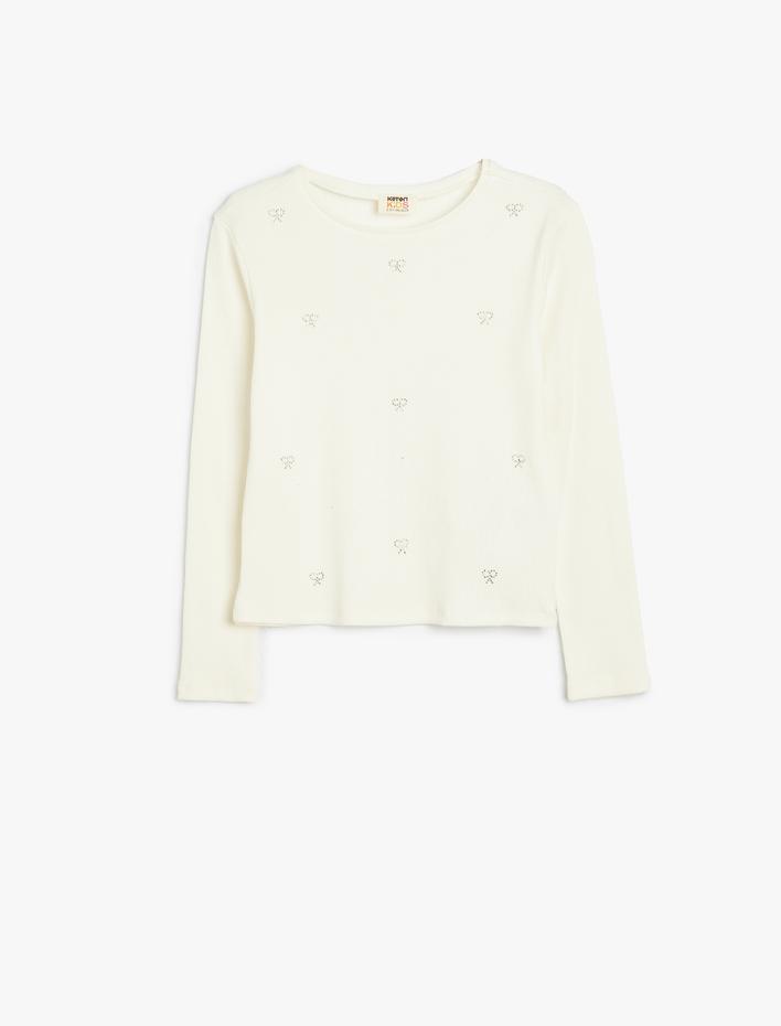 Kız Çocuk Tişört Uzun Kollu Fiyonk Detaylı Bisiklet Yaka Pamuklu