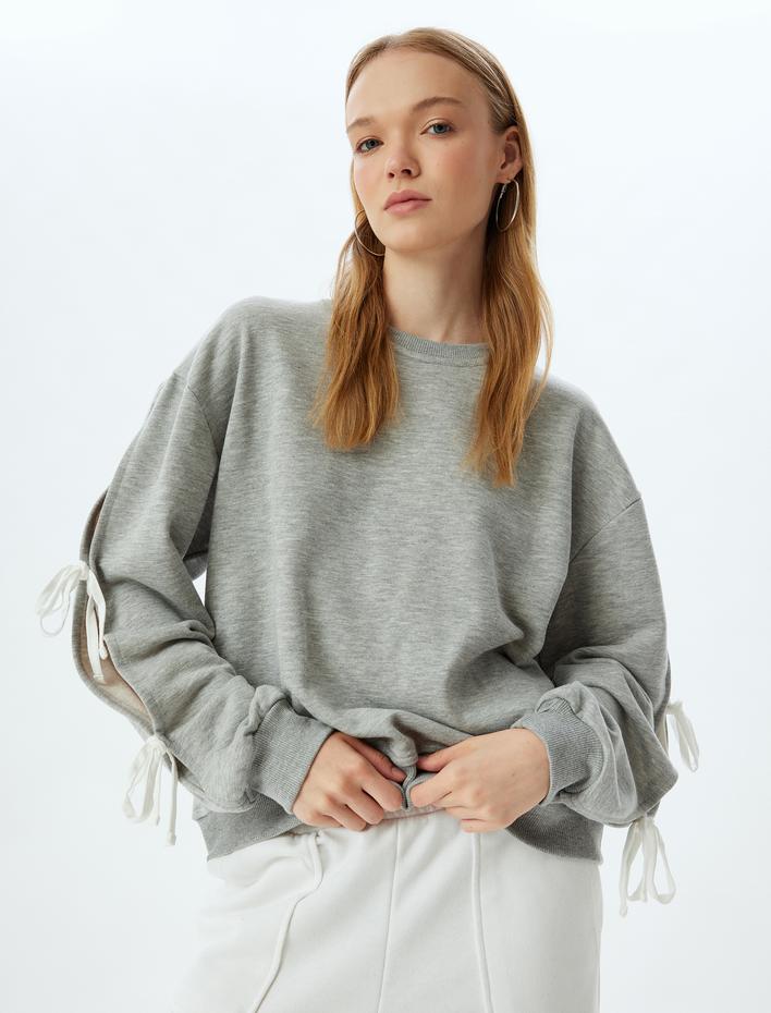  Oversize Sweatshirt Fiyonk Detaylı Bisiklet Yaka Uzun Kollu