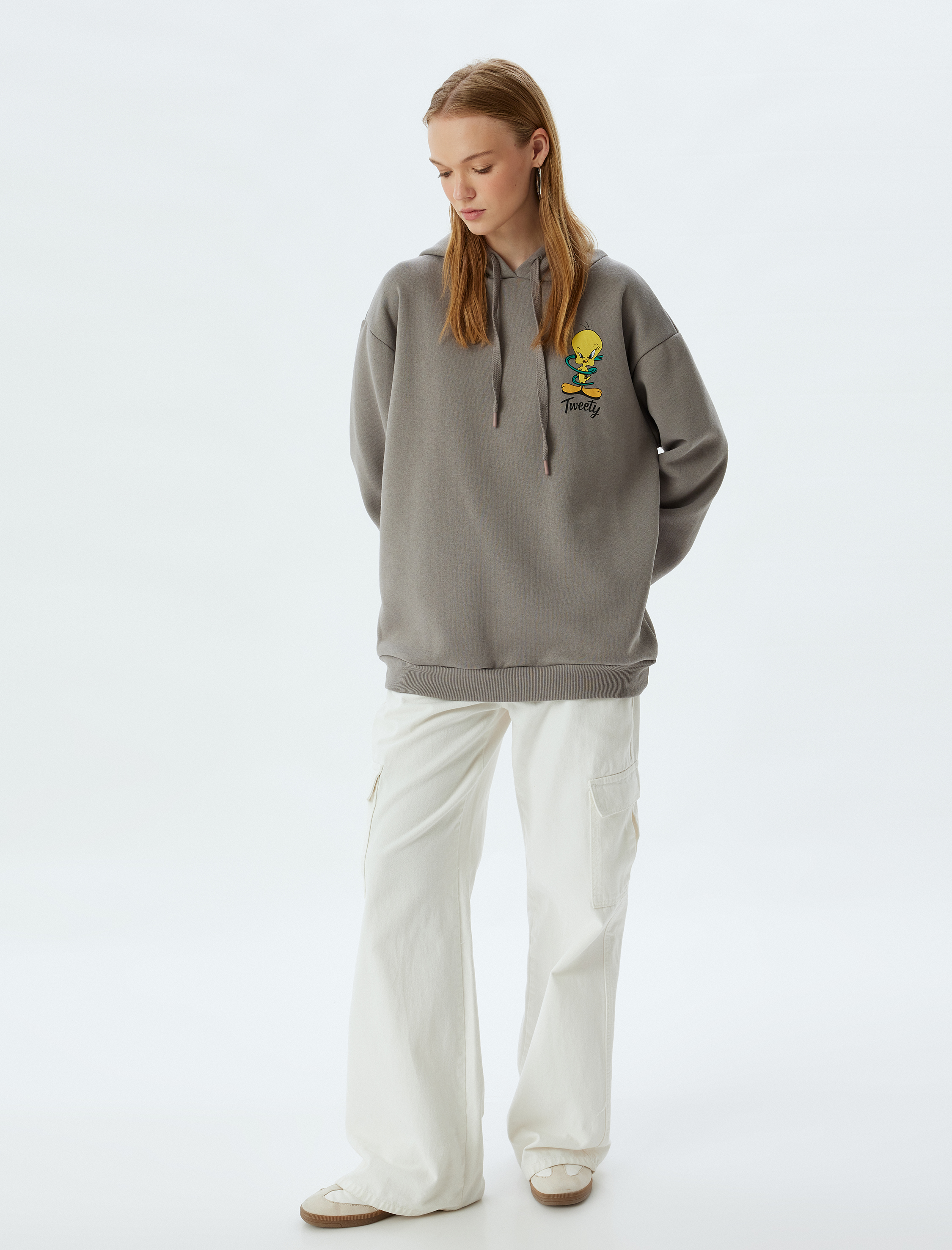   Şardonlu Tweety Oversize Sweatshirt Kapüşonlu Arkası Baskılı Lisanslı