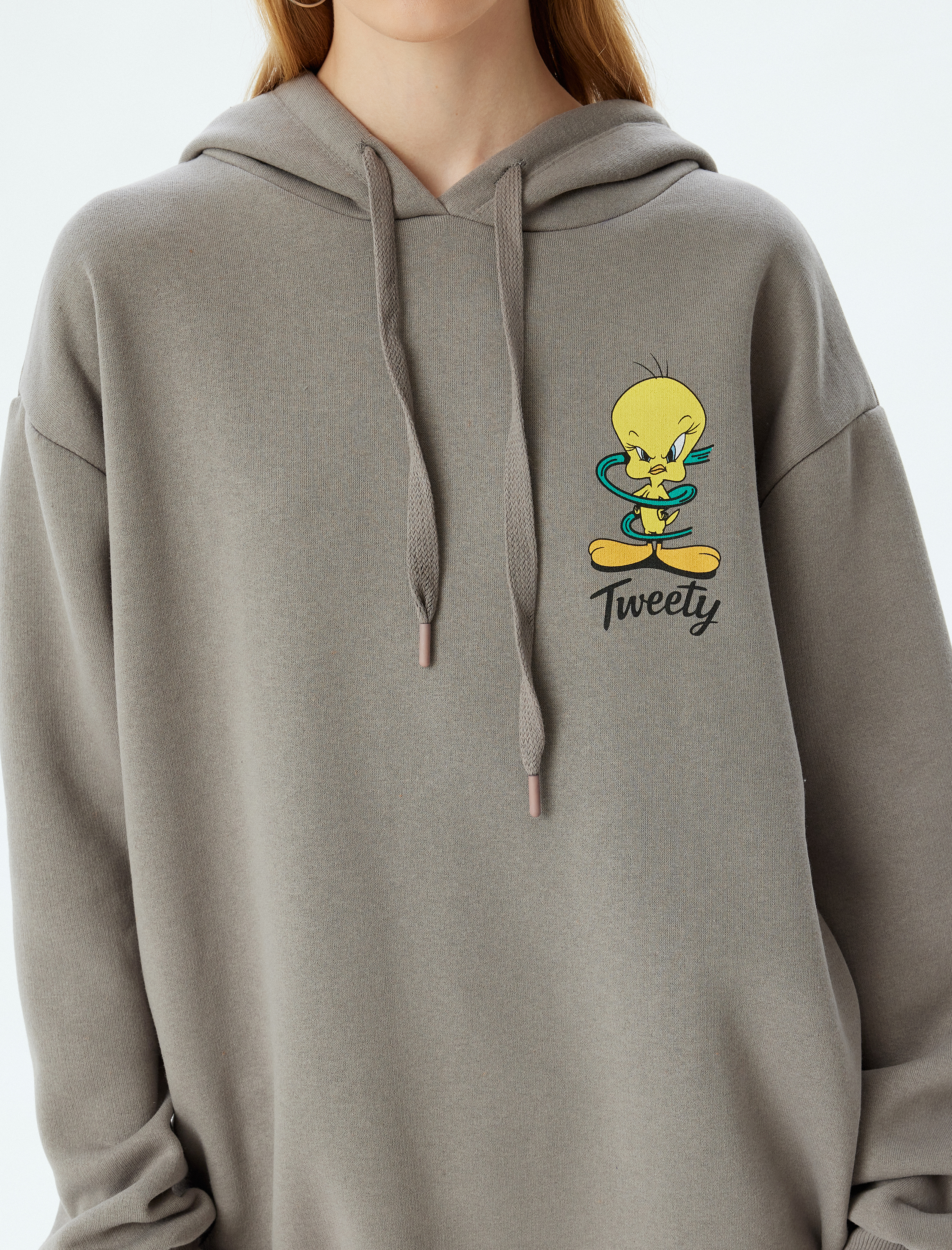   Şardonlu Tweety Oversize Sweatshirt Kapüşonlu Arkası Baskılı Lisanslı