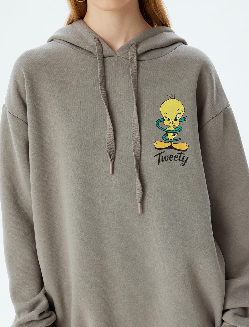   Tweety Oversize Sweatshirt Kapüşonlu Arkası Baskılı Lisanslı