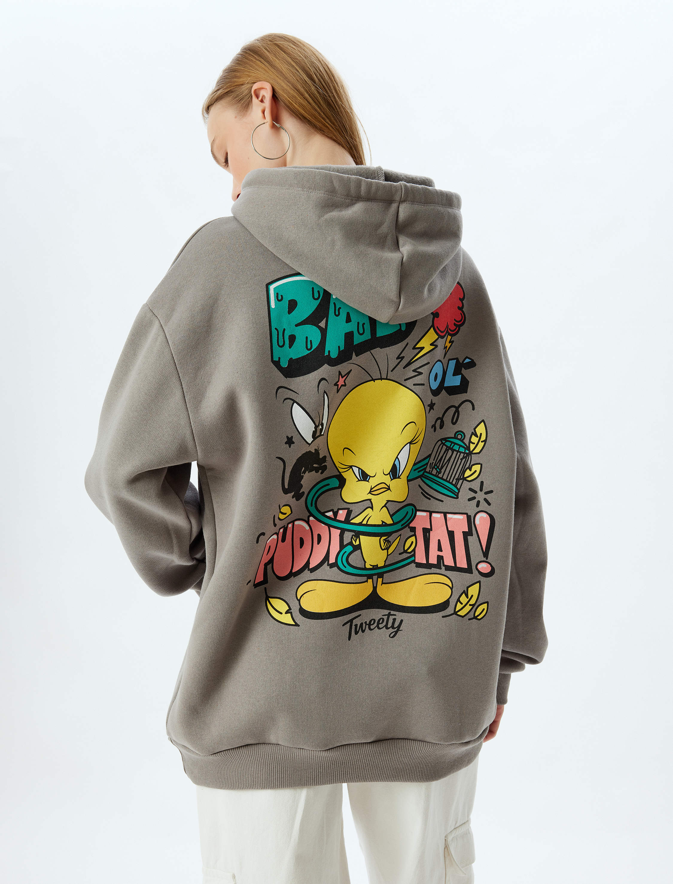   Şardonlu Tweety Oversize Sweatshirt Kapüşonlu Arkası Baskılı Lisanslı