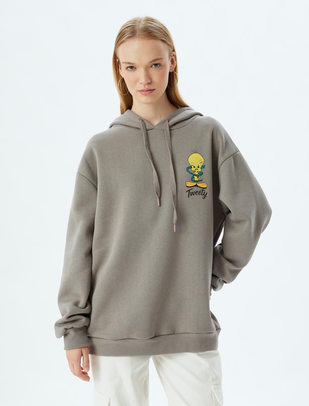 Tweety Oversize Sweatshirt Kapüşonlu Arkası Baskılı Lisanslı_2