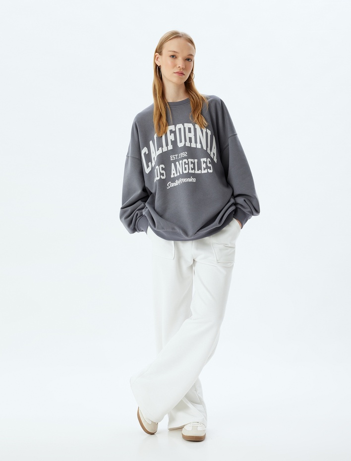  Şardonlu Oversize Sweatshirt Kolej Baskılı Bisiklet Yaka Uzun Kollu