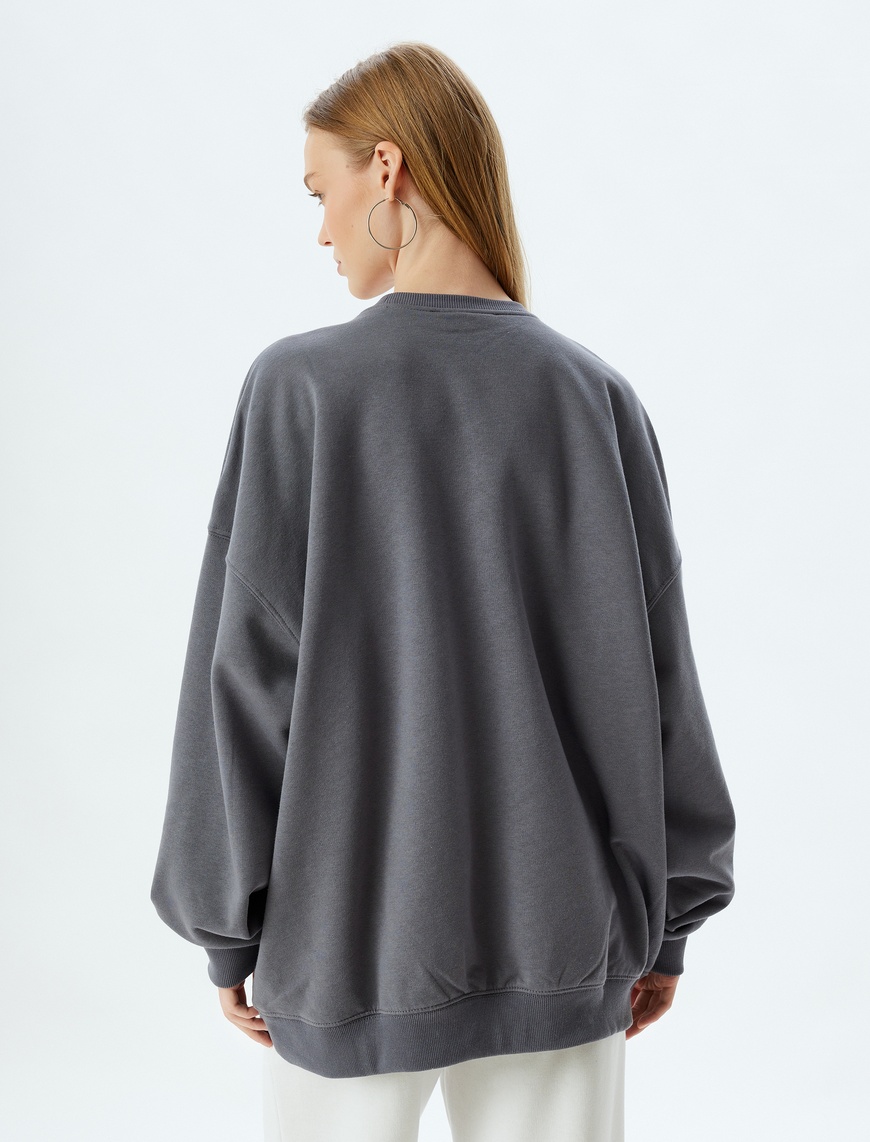   Oversize Sweatshirt Kolej Baskılı Bisiklet Yaka Uzun Kollu