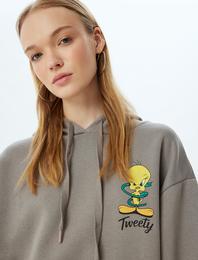 Tweety Oversize Sweatshirt Kapüşonlu Arkası Baskılı Lisanslı