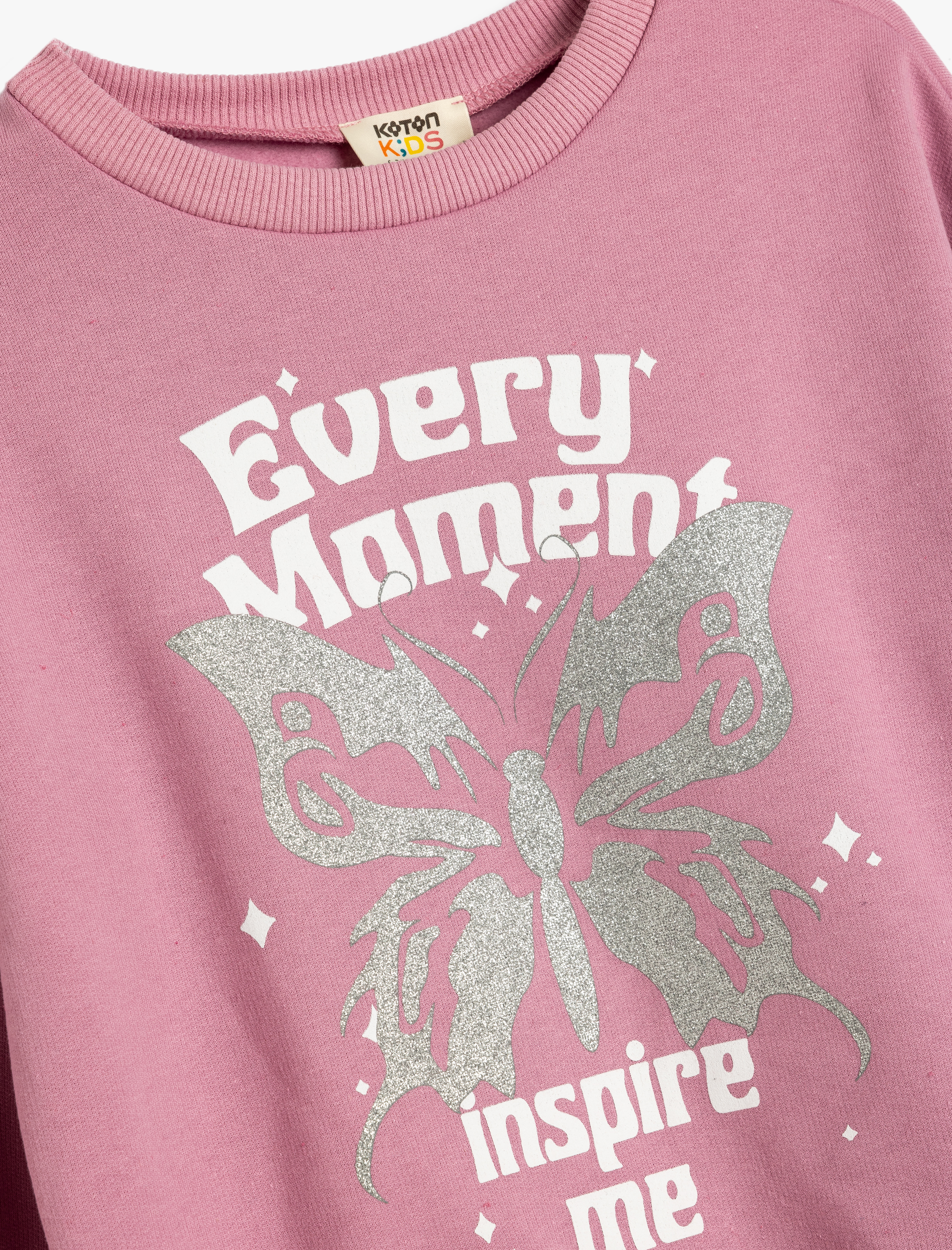  Kız Çocuk Sweatshirt Kelebek Baskılı Uzun Kollu Bisiklet Yaka Şardonlu