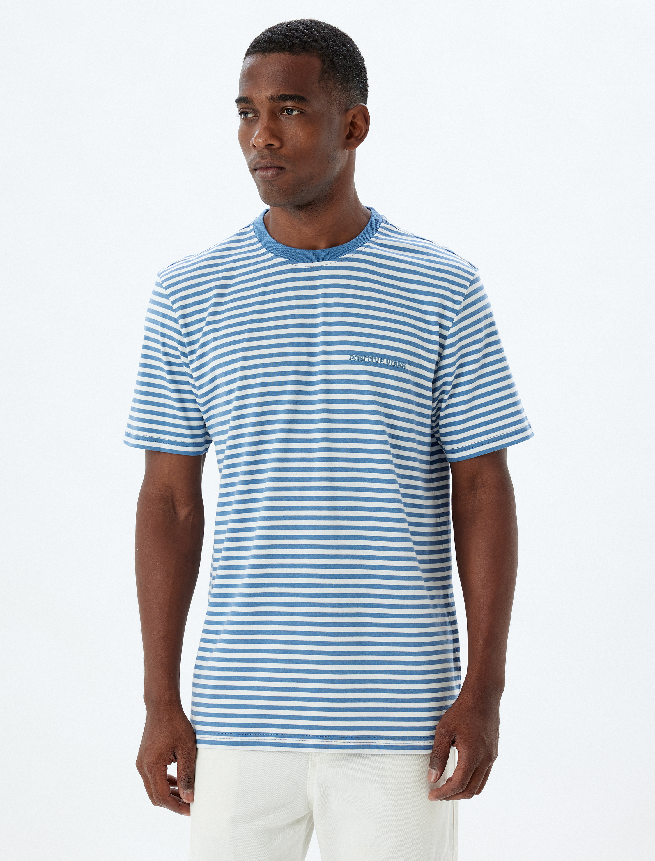   Bisiklet Yaka Tişört Slogan İşlemeli Kısa Kollu Biyeli Pamuklu