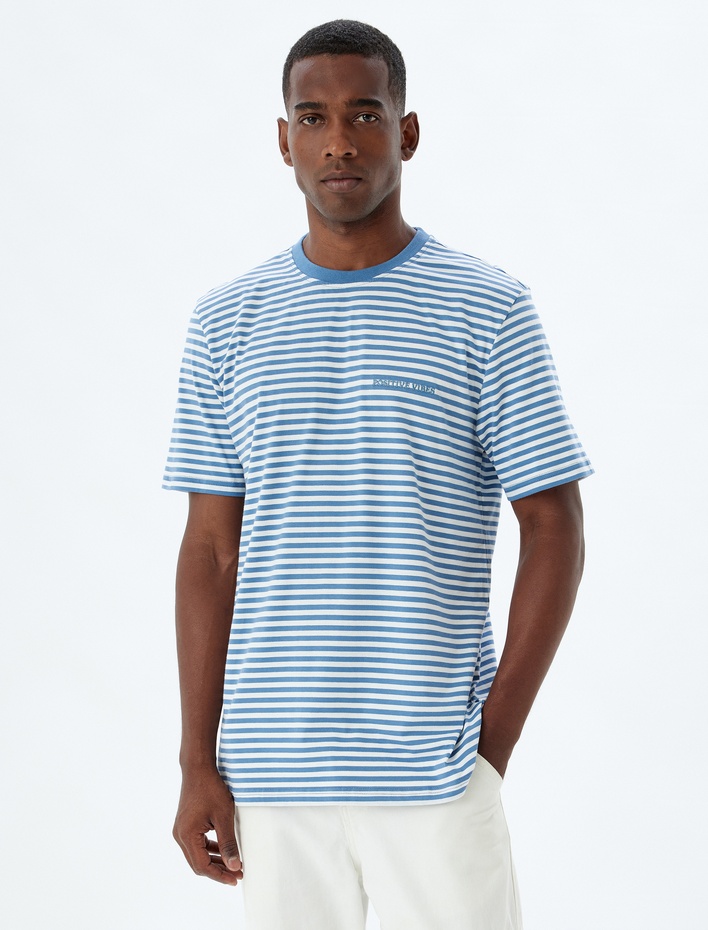  Bisiklet Yaka Tişört Slogan İşlemeli Kısa Kollu Biyeli Pamuklu