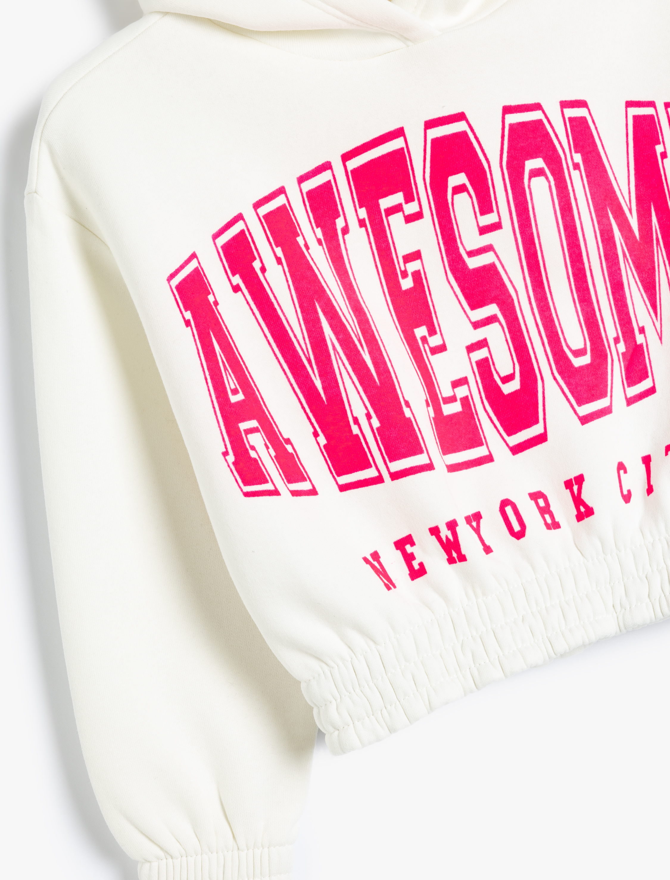  Kız Çocuk Kapşonlu Crop Sweatshirt Pamuklu Slogan Baskılı Şardonlu