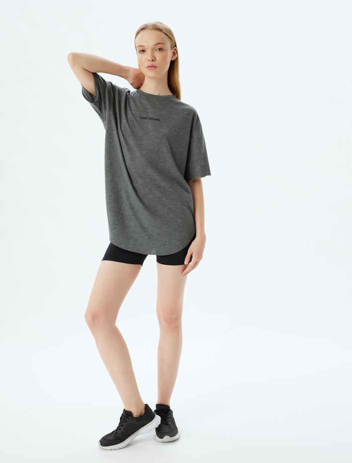  Oversize Slogan Baskılı Bisiklet Yaka Spor Tişört