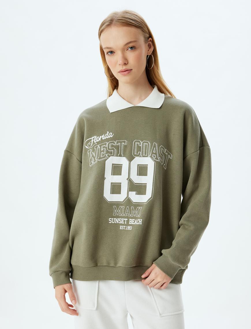   Polo Yaka Sweatshirt Oversize Slogan Baskılı Şardonlu