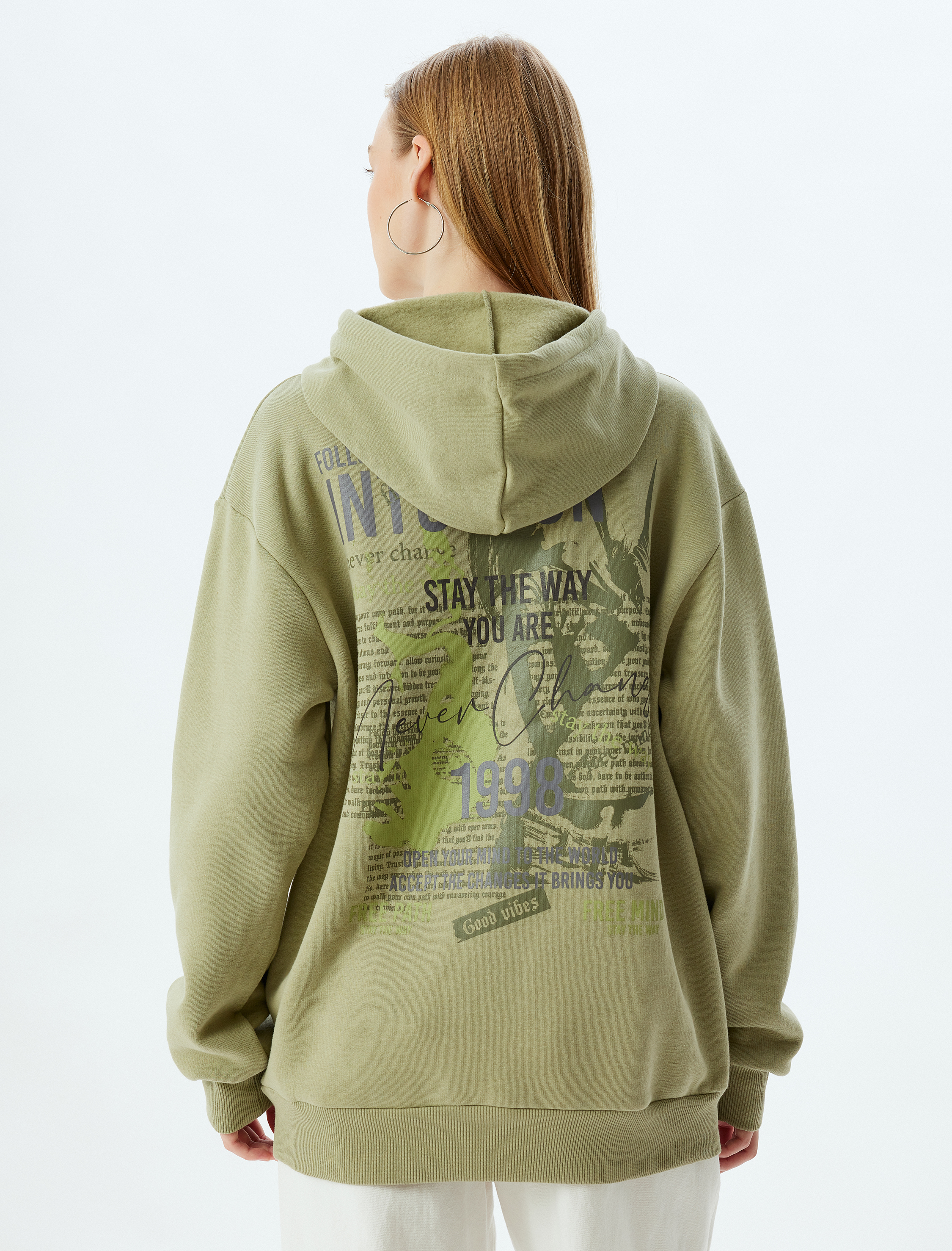   Şardonlu Oversize Kapüşonlu Sweatshirt Arkası Baskılı Kanguru Cepli