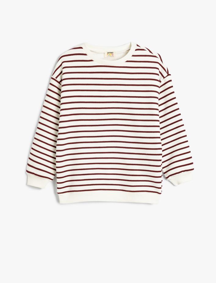 Kız Çocuk Basic Çizgili Sweatshirt Uzun Kollu Bisiklet Yaka Pamuklu Şardonlu